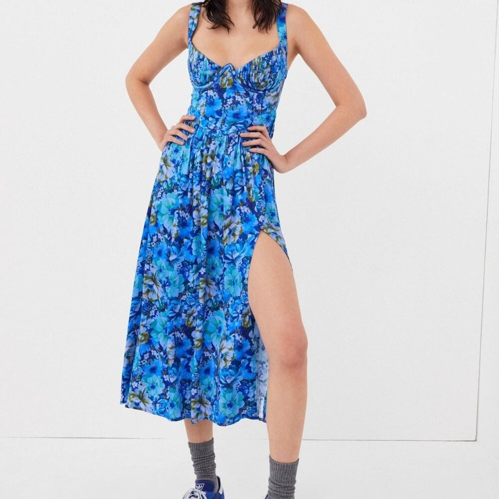 EUC For Love & Lemons Astor Midi Dress Blue Floral Pattern Size M